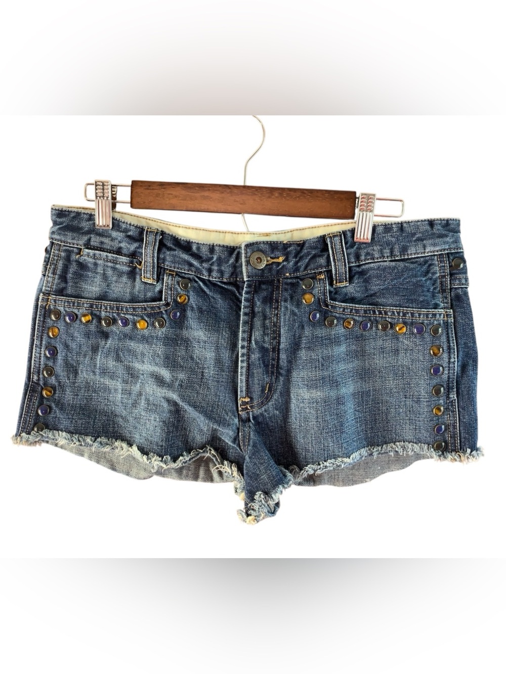 Free People Blue Denim Studded Frayed Hem Shorts